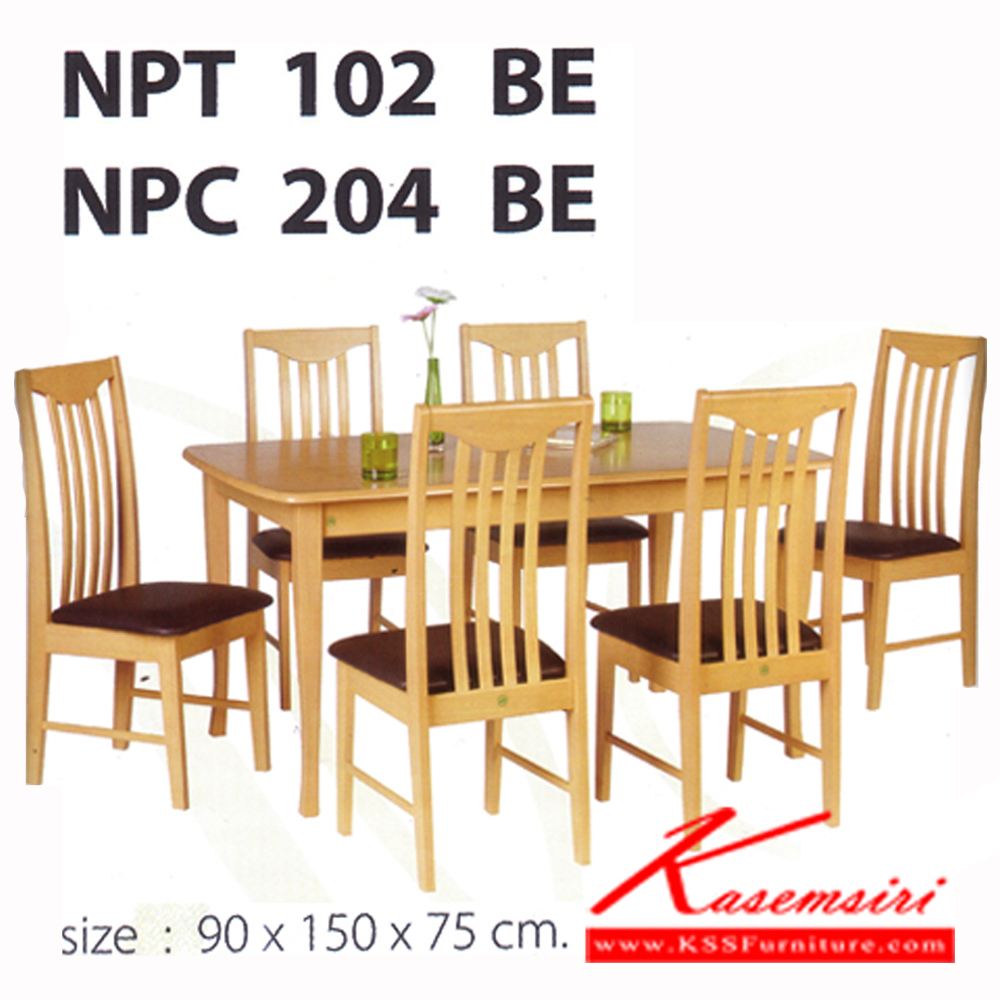 282140089::NPT-120-NPC-204::ชุดโต๊ะอาหาร 6 ที่นั่ง สีบีช ขนาดโต๊ะ ก1500xล900xส750 มม. เก้าอี้หุ้มเบาะหนังสีดำ ชุดโต๊ะอาหาร FUTUREWOOD
