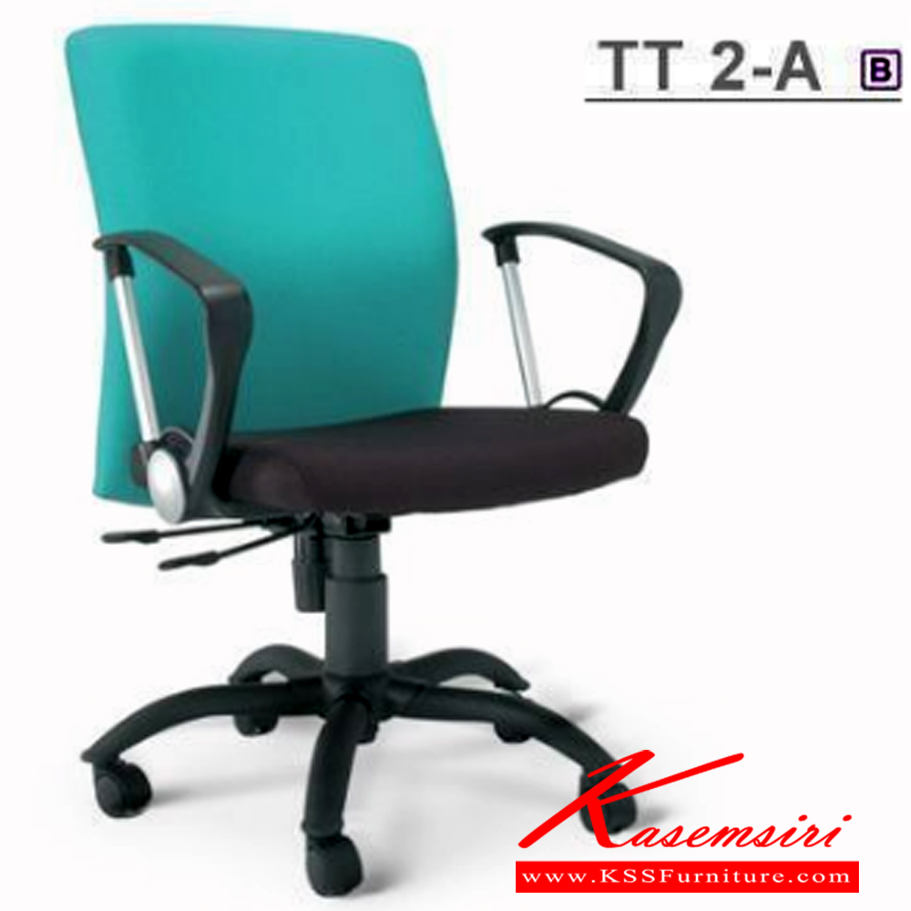 65043::TT-2A::An Asahi TT-2A series office chair with backrest tilting mechanism, padded arms and black metal base. 3-year warranty for the frame of a chair under normal application and 1-year warranty for the plastic base and accessories. Dimension (WxDxH) cm : 60x62x91. Available in 3 seat styles: PVC leather, PU leather and Cotton.