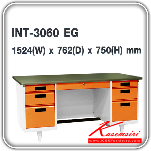 141070044::INT-3060-EG::An ITO steel table with 7 drawers. Dimension (WxDxH) cm : 152.4x76.2x75. Available in Cream, Grey, Green, Orange and Blue Metal Tables