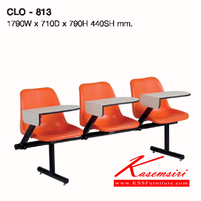 09066::CLO-813::A Lucky lecture hall chair for 3 people with writing pad and polypropylene seat. Dimension (WxDxH) cm : 179x71x79