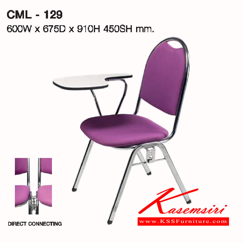 74007::CML-129::A Lucky lecture hall chair with writing pad, chromium legs and PVC leather/wool fabric seat. Dimension (WxDxH) cm : 60x69x90
