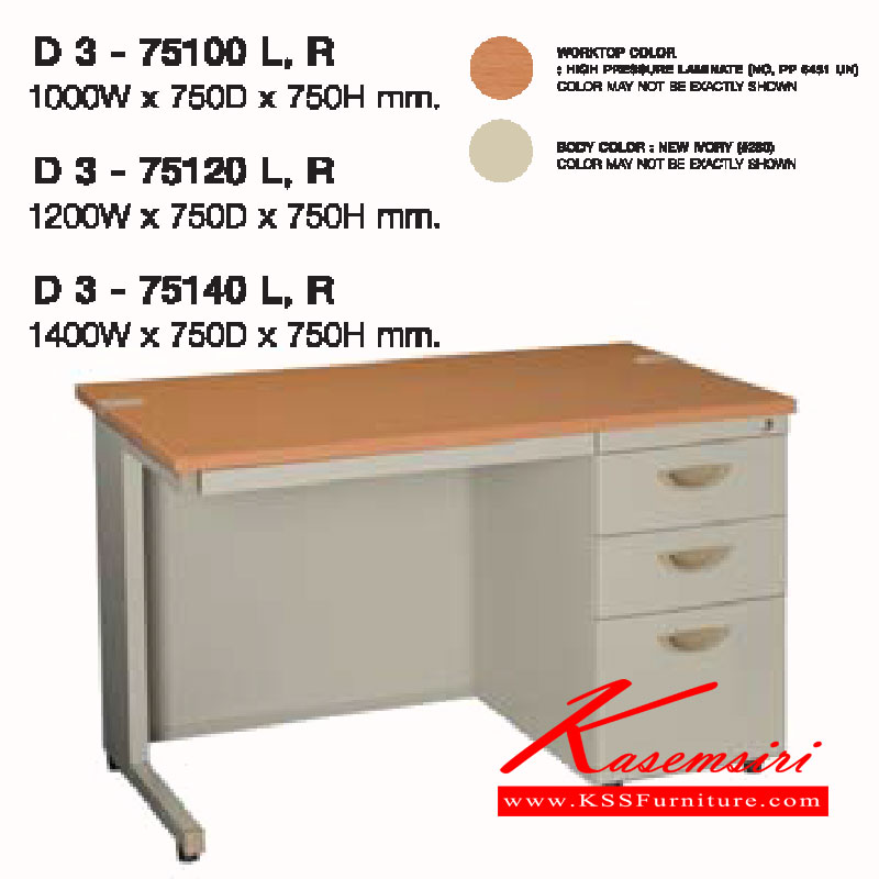 81087::D3-75100-20-40-L-R::A Lucky metal table with 3 drawers and melamine laminated sheet on top surface. Available in 3 sizes. LUCKY Steel Tables