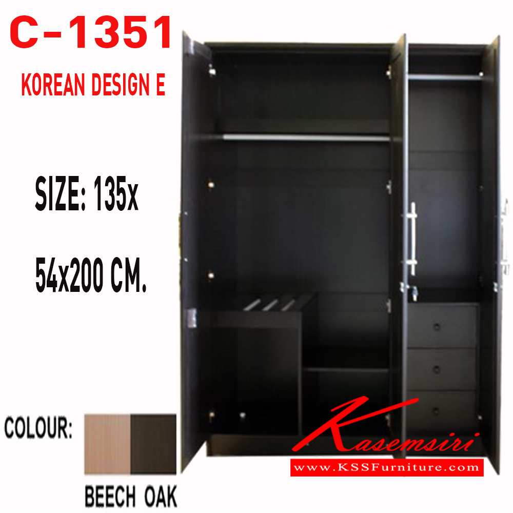 58008::C-1351 KOREAN E::ตู้เสื้อผ้า 135 ซม. (เกาหลี) บานเกาหลีซ้าย-ขวา บานกระจกตรงกลาง ขนาด 1350x540x2000มม. ดีดี ตู้เสื้อผ้า-บานเปิด