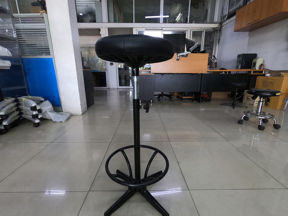 61049::CR-602::An Asahi CR-602 series stool with metal base, providing adjustable locked-screw extension. 3-year warranty for the frame of a chair under normal application and 1-year warranty for the plastic base and accessories. Dimension (WxSL) cm : 34x71. Available in 3 seat styles: PVC Leather, PU Leather and Cotton.