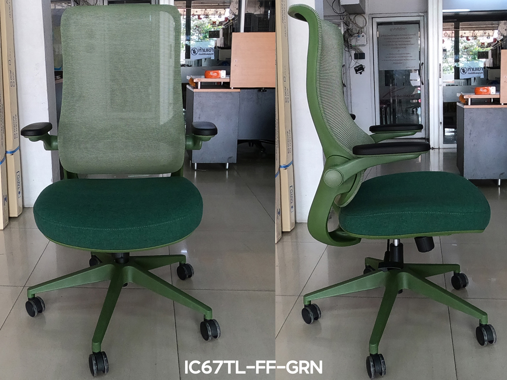 80023::IC67TL-FF-GRN(สีเขียว)::เก้าอี้สำนักงาน TULIP เบาะหุ้มผ้าสีเขียว โครงเก้าอี้สีเขียว และ พนักพิงหุ้มผ้า Mesh สีเขียว ขนาด ก640xล680xส1070-11140 มม. ไทโย เก้าอี้สำนักงาน (พนักพิงสูง)