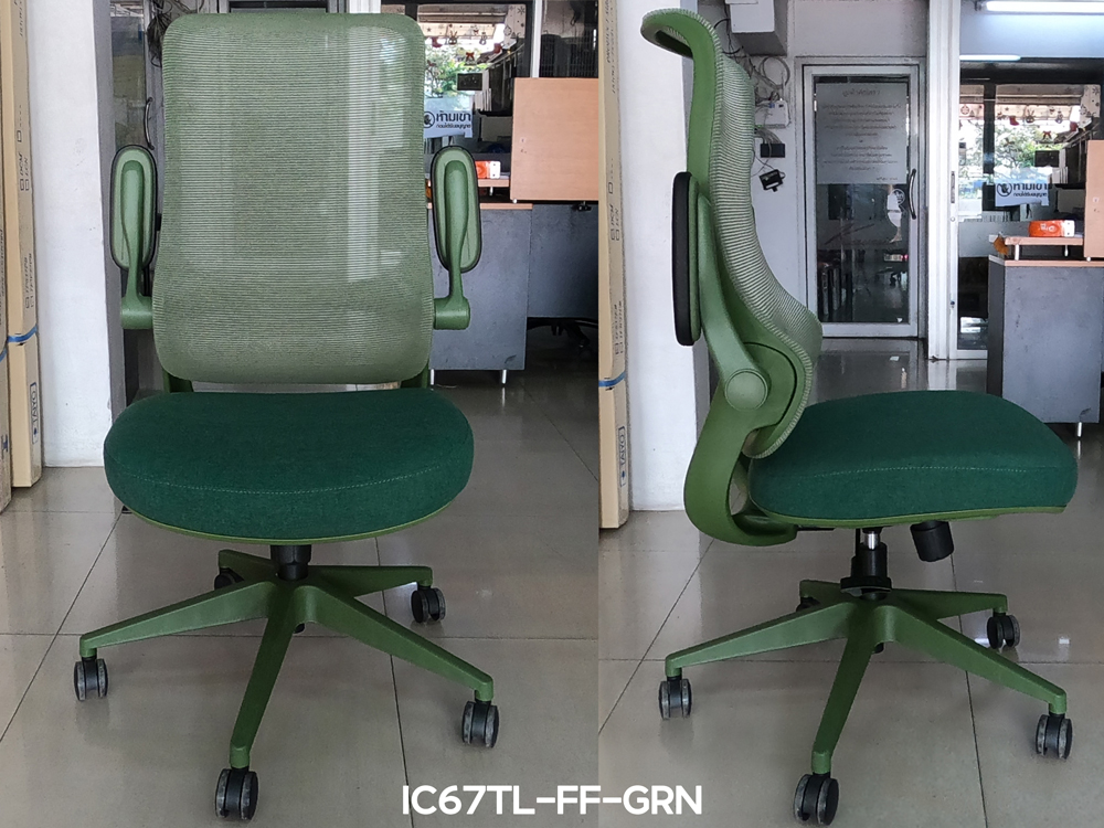 80023::IC67TL-FF-GRN(สีเขียว)::เก้าอี้สำนักงาน TULIP เบาะหุ้มผ้าสีเขียว โครงเก้าอี้สีเขียว และ พนักพิงหุ้มผ้า Mesh สีเขียว ขนาด ก640xล680xส1070-11140 มม. ไทโย เก้าอี้สำนักงาน (พนักพิงสูง)