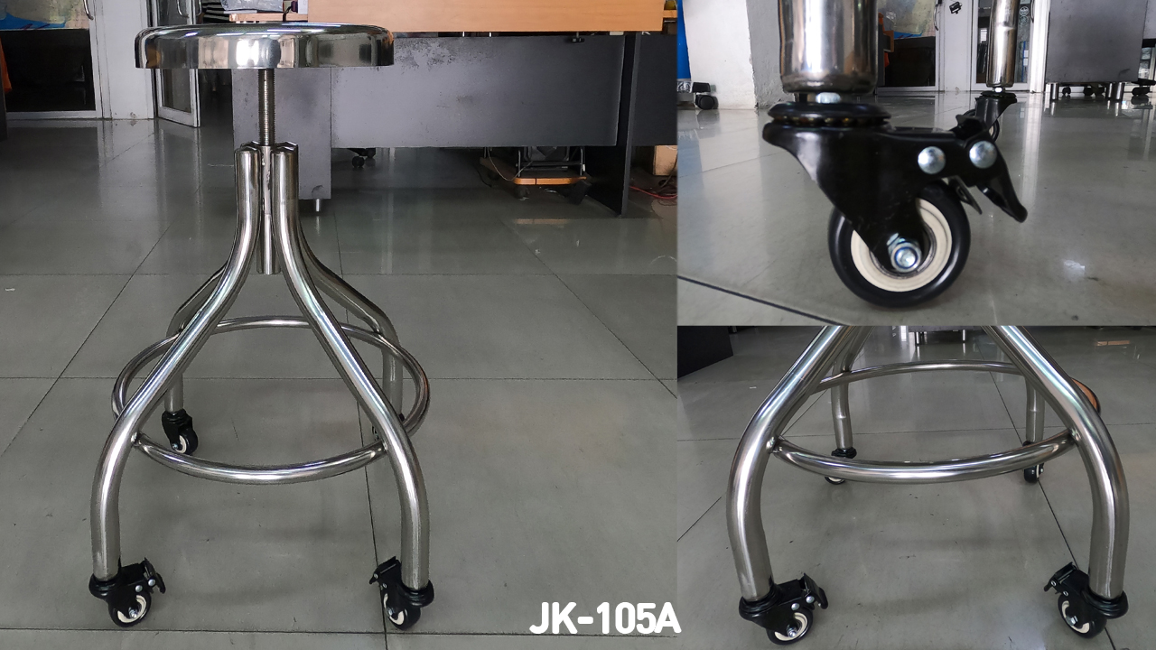 79022::JK-105A(มีล้อ)::เก้าอี้สแตนเลสแท้ปรับระดับได้แบบเกลียว JK-105A ขนาด 300X300X580-680 มม. ขาท่อ32มม. มีล้อ  เก้าอี้สแตนเลส เจเค เก้าอี้สแตนเลส เจเค