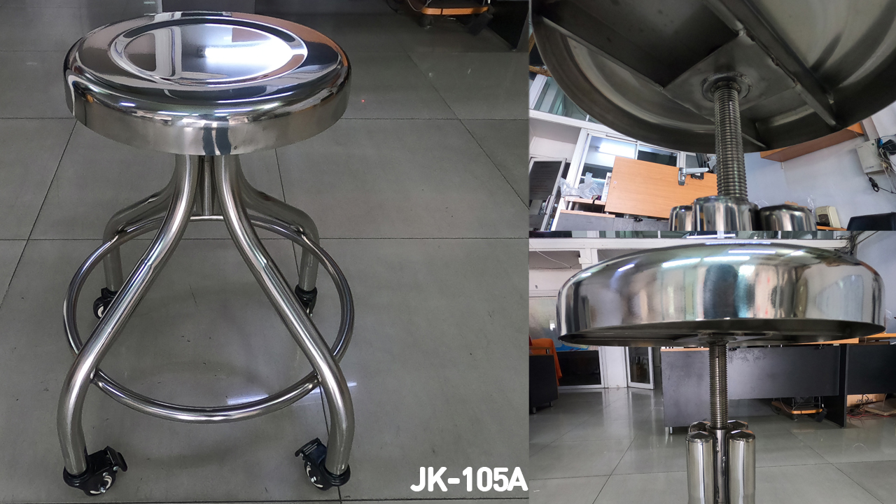 79022::JK-105A(มีล้อ)::เก้าอี้สแตนเลสแท้ปรับระดับได้แบบเกลียว JK-105A ขนาด 300X300X580-680 มม. ขาท่อ32มม. มีล้อ  เก้าอี้สแตนเลส เจเค เก้าอี้สแตนเลส เจเค