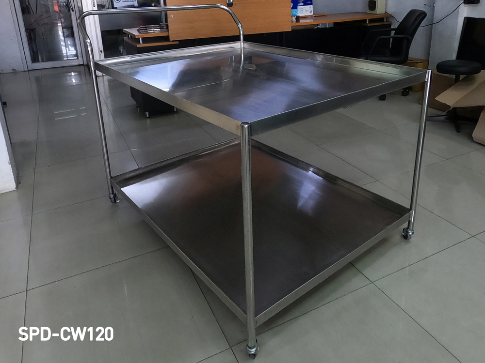 70046::SPD-CW120::รถเข็นสแตนเลส ขนาด ก1200xล900xส750 มม. โครงรถทำด้วยท่อสแตนเลสกลม เกรด 304 ทั้งตัว ล้อ 2 นิ้ว มีชั้น 2 ชั้น ทำด้วยแผ่นสแตนเลส เกรด 304 แผ่นหนา 1 มม. รับน้ำหนัก 200 กก. เอสพีดี ชั้นสแตนเลส