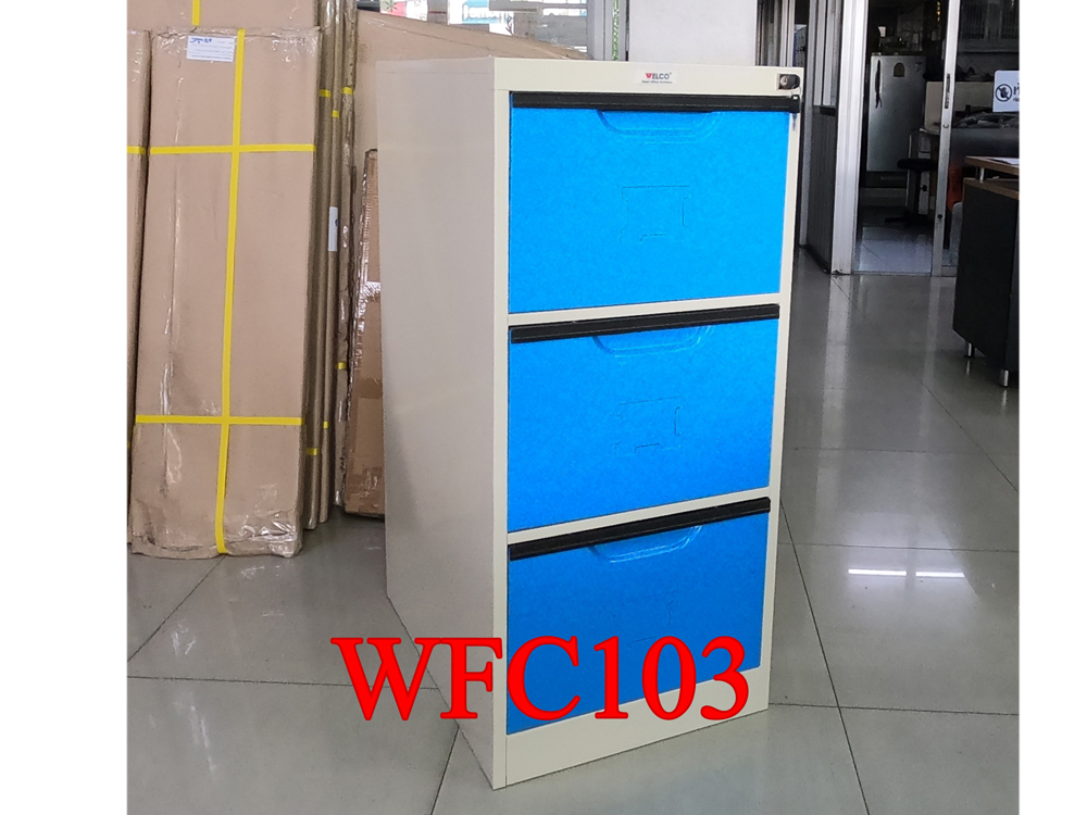 77002::WFC-103::A Welco steel cabinet with 3 drawers. Dimension (WxDxH) cm : 46.7x61.7x102. Available in Orange-White, Blue-White, Purple-White and Green-White Metal Cabinets