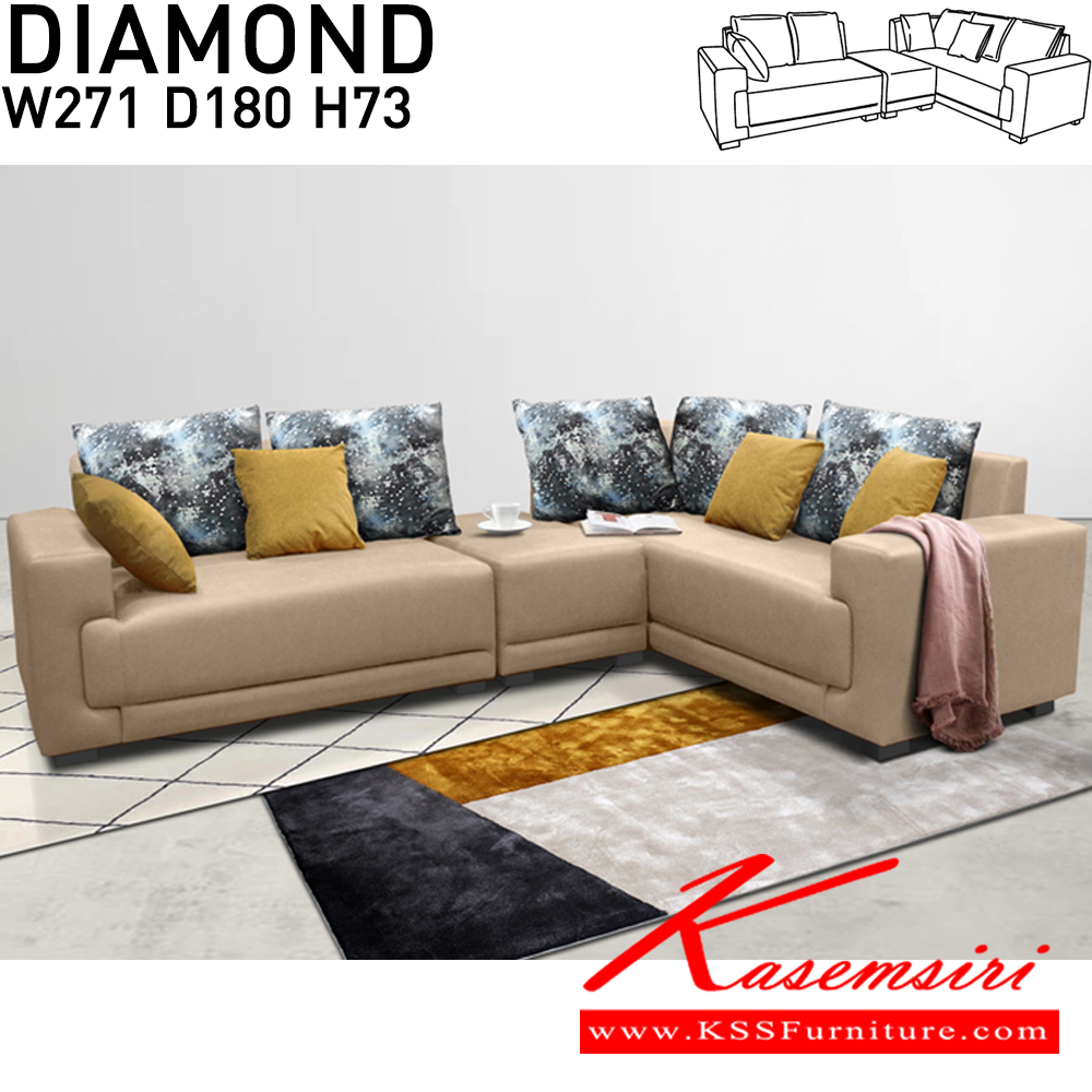 02029::DIAMOND::โซฟารูปตัวแอล มีหมอนใบใหญ่ 5 ใบ หมอนใบเล็ก 4 ใบ สามารถปรับเปลี่ยนการจัดวางได้ตามต้องการ ผ้าฝ้าย,หนังทียม,หนังเทียม/ผ้าฝ้าย ขนาด ก2710xล1800xส730 มม. โซฟาชุดเข้ามุม ITOKI