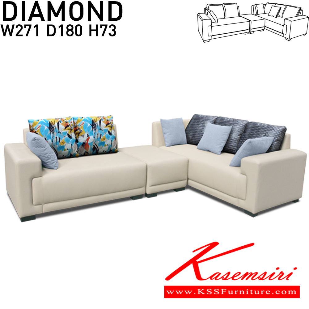 02029::DIAMOND::โซฟารูปตัวแอล มีหมอนใบใหญ่ 5 ใบ หมอนใบเล็ก 4 ใบ สามารถปรับเปลี่ยนการจัดวางได้ตามต้องการ ผ้าฝ้าย,หนังทียม,หนังเทียม/ผ้าฝ้าย ขนาด ก2710xล1800xส730 มม. โซฟาชุดเข้ามุม ITOKI