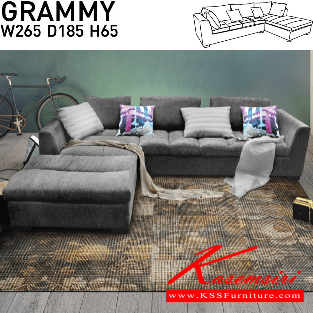 10087::GRAMMY::An Itoki L-shape sofa with cotton/PVC leather/PVC leather-cotton seat, 3 big pillows and 2 small pillows. Dimension (WxDxH) cm : 265x185x65 L-Shape&Corner Sofas