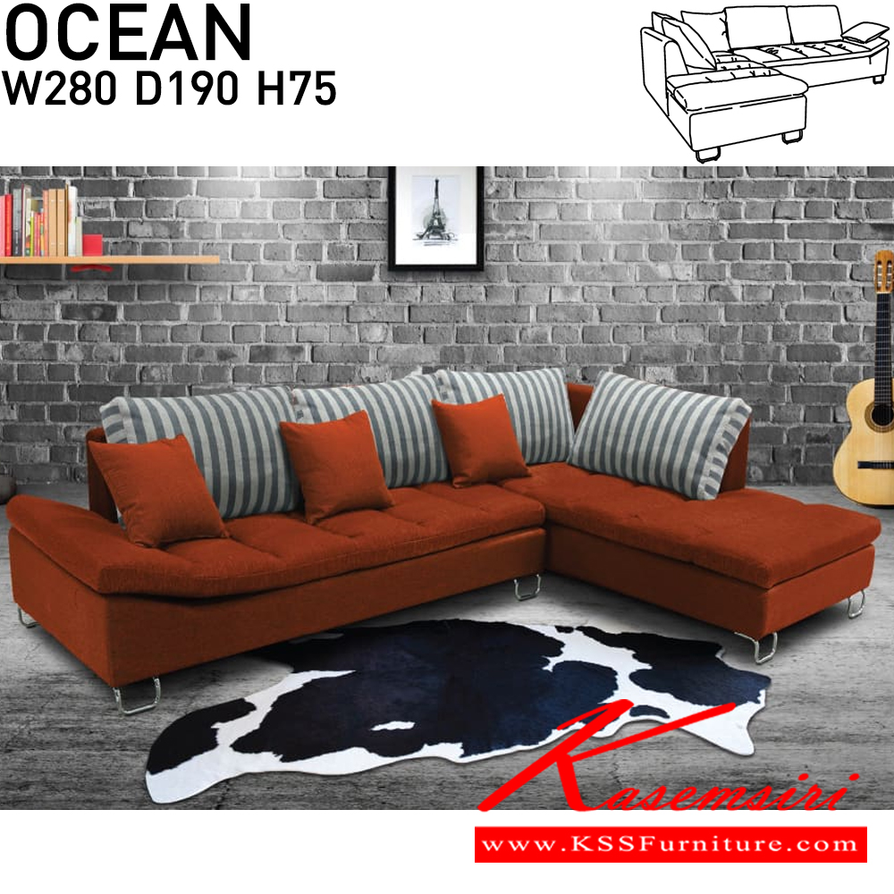 90096::OCEAN::โซฟารูปตัวแอล มีหมอนใบใหญ่ 2 ใบ หมอนใบเล็ก 5 ใบ ขาเหล็กชุบโครเมี่ยม ผ้าฝ้าย,หนังเทียม/ผ้าฝ้าย ขนาด ก2800xล1900xส750 มม. โซฟาชุดเข้ามุม ITOKI