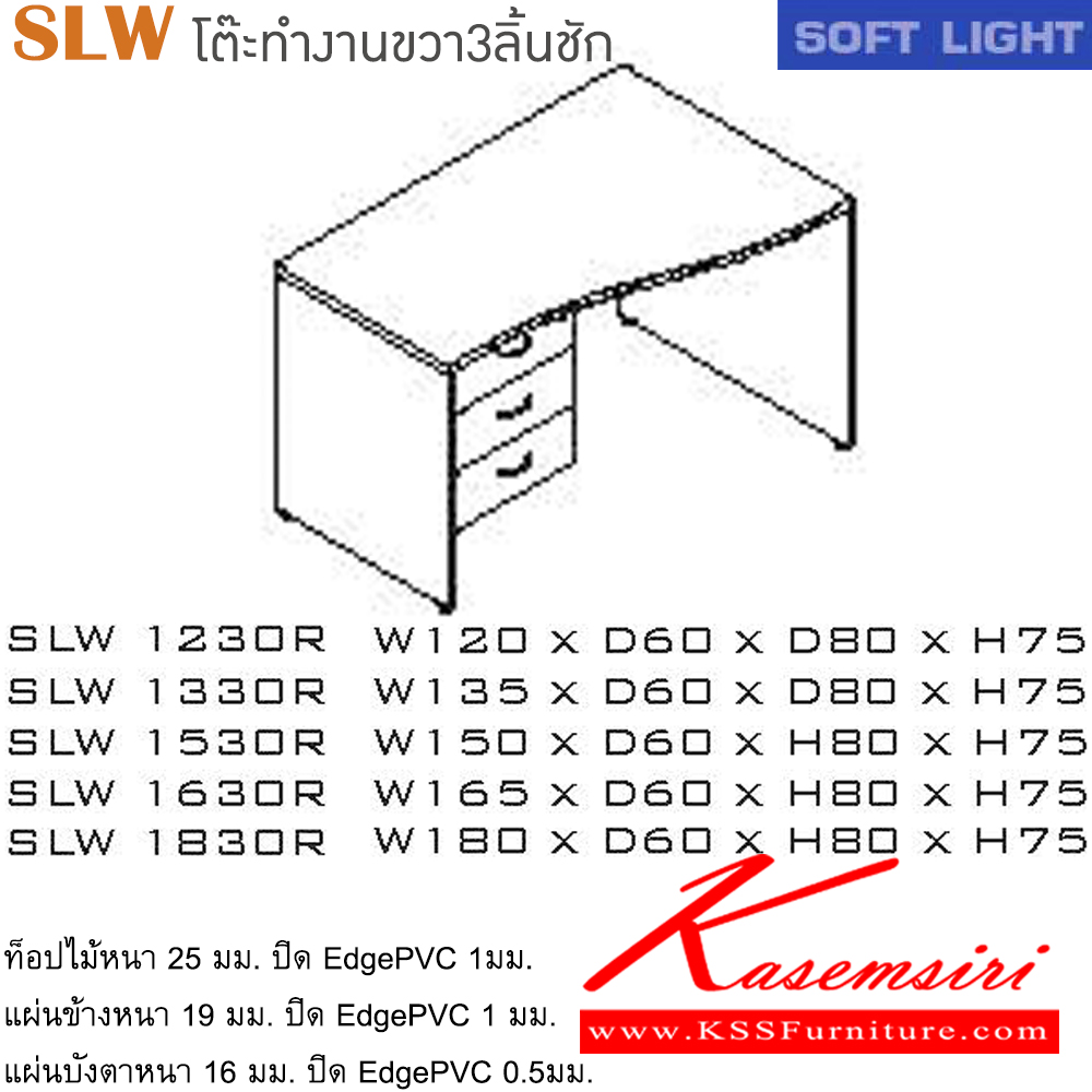 10080::SLW(โต๊ะทำงานขวา3ลิ้นชัก)::โต๊ะสำนักงานเมลามิน รุ่น SOFT LIGHT โต๊ะ 3 ลิ้นชักข้างซ้าย เลือกสีลายไม้ได้ ประกอบด้วย SLW-1230R/SLW-1330R/SLW-1530R/SLW-1630R/SLW-1830 โต๊ะสำนักงานเมลามิน ITOKI