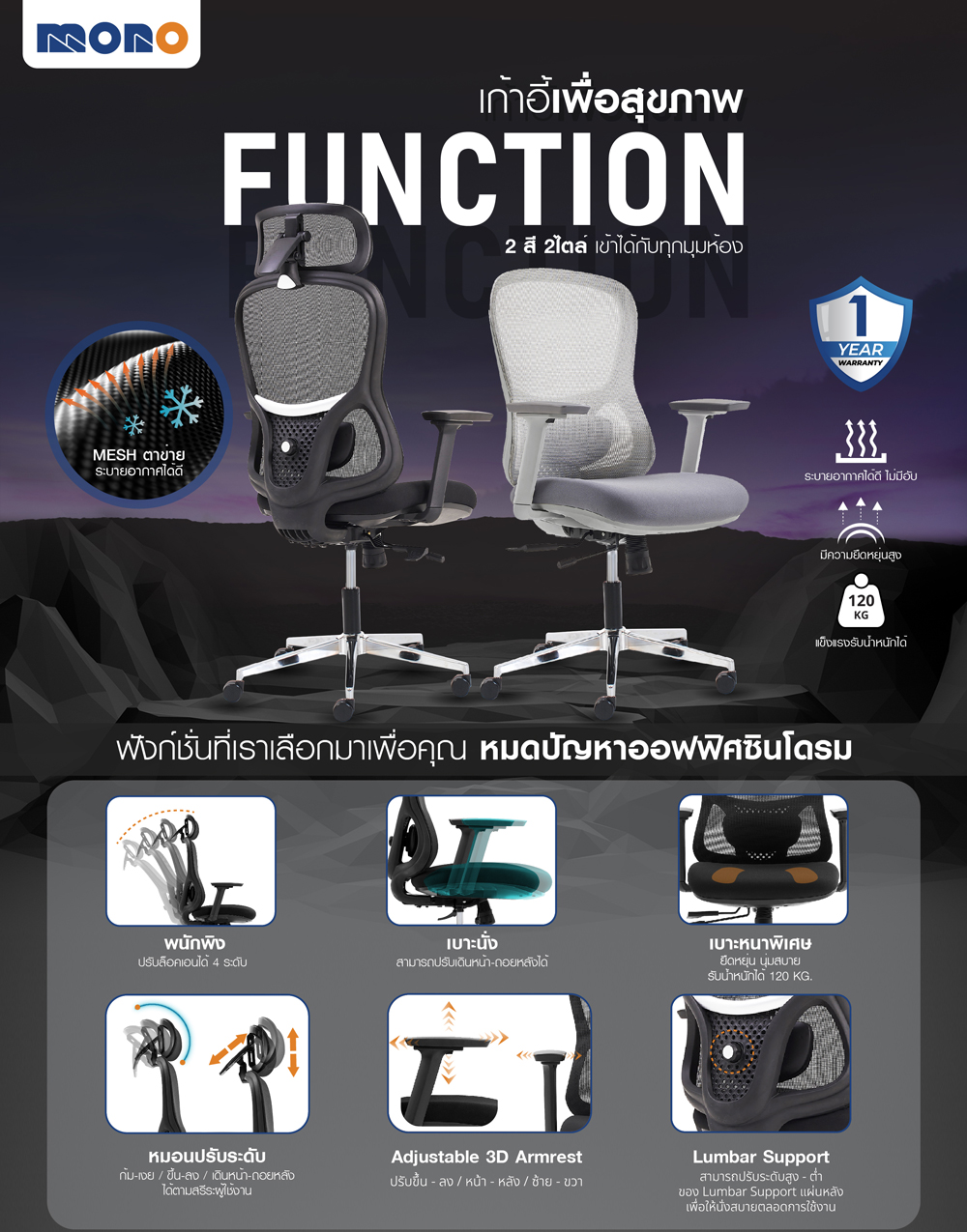 05057::FUNCTION/HB::เก้าอี้สำนักงานตัวสูง FUNCTION/HB หุ้มด้วยผ้าตาข่ายไนล่อนสีดำ เบาะที่นั่งทำจากโครงไม้วีเนียร์ขึ้นรูปหุ้มด้วยผ้า แขนปรับขึ้น-ลง ขาเหล็กชุบโครเมี่ยม โมโน เก้าอี้สำนักงาน