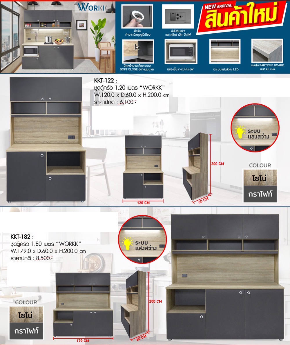 18032::KKT-122::ชุดตู้ครัว 1.20 M WORKK. ขนาด W120.0x D60.0x H200.0 cm. สีโซโน่-กราไฟท์ พรีลูด ตู้ครัวไม้